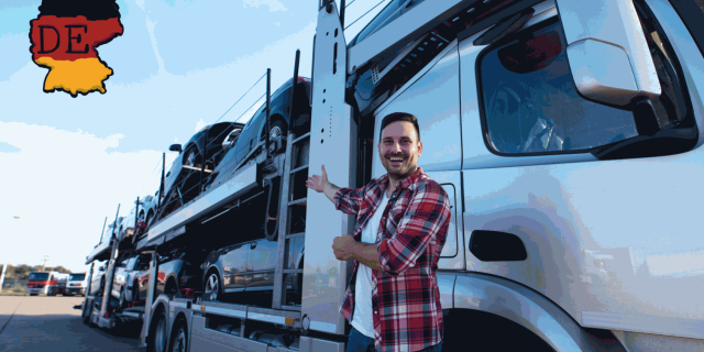 A man in front of a truck full of cars, he is showing the truck and smiling. A map of germany is at the top left corner.