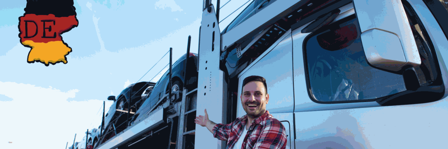 A man in front of a truck full of cars, he is showing the truck and smiling. A map of germany is at the top left corner.