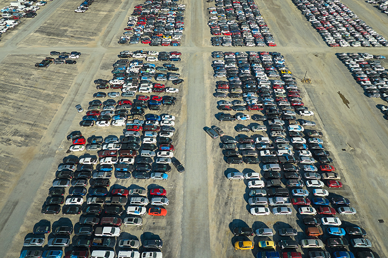 storage park view from sky the view from the sky of a storage park with many vehicles aligned